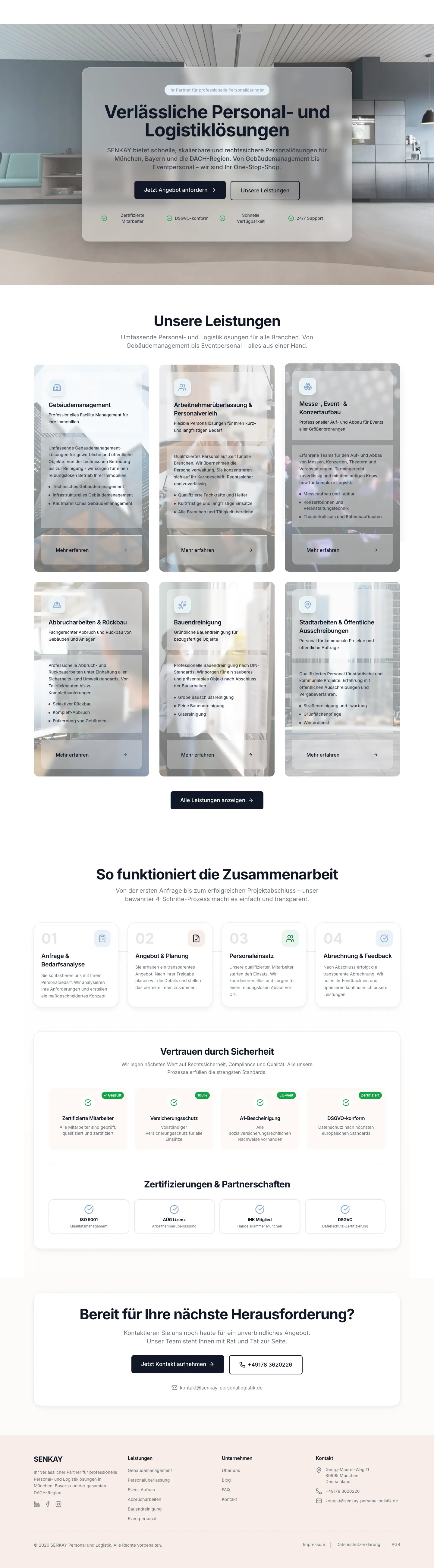 Bildschirmfoto der Startseite von SENKAY Personallogistik.